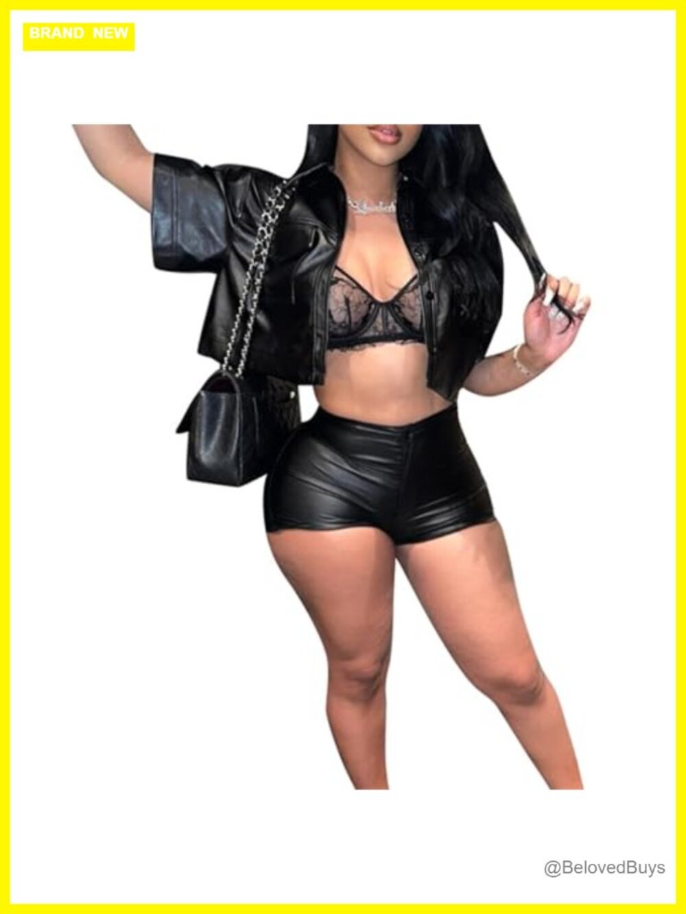 Women's Faux Leather 2 Piece Outfit Crop Top & Bodycon Shorts Sexy Clubwear Set